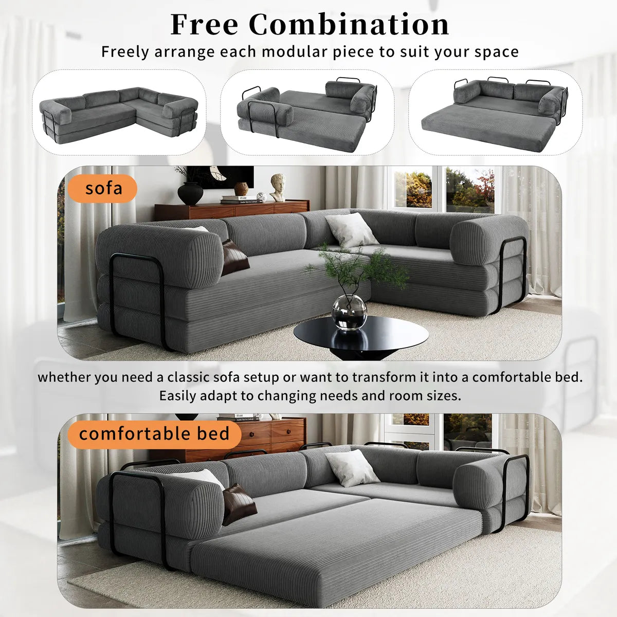 L shaped Grey sofa bed free combination