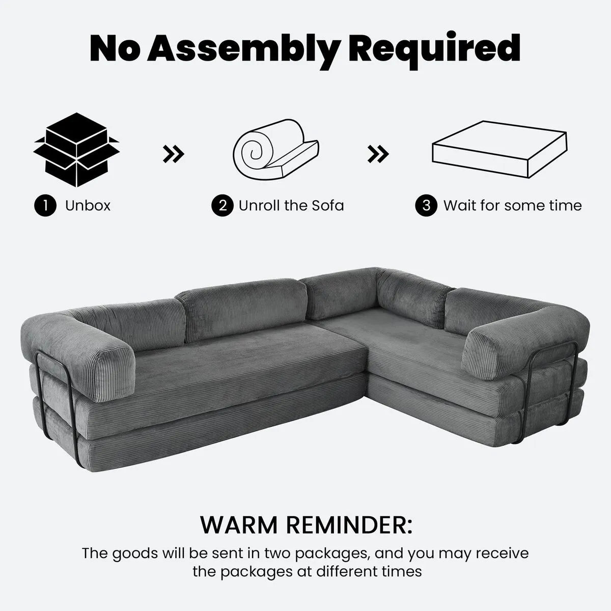 Grey convertible sofa compressed packaging