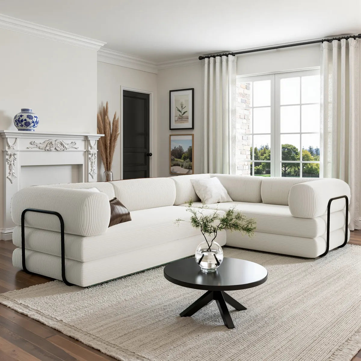 L shaped White corduroy sofa bed