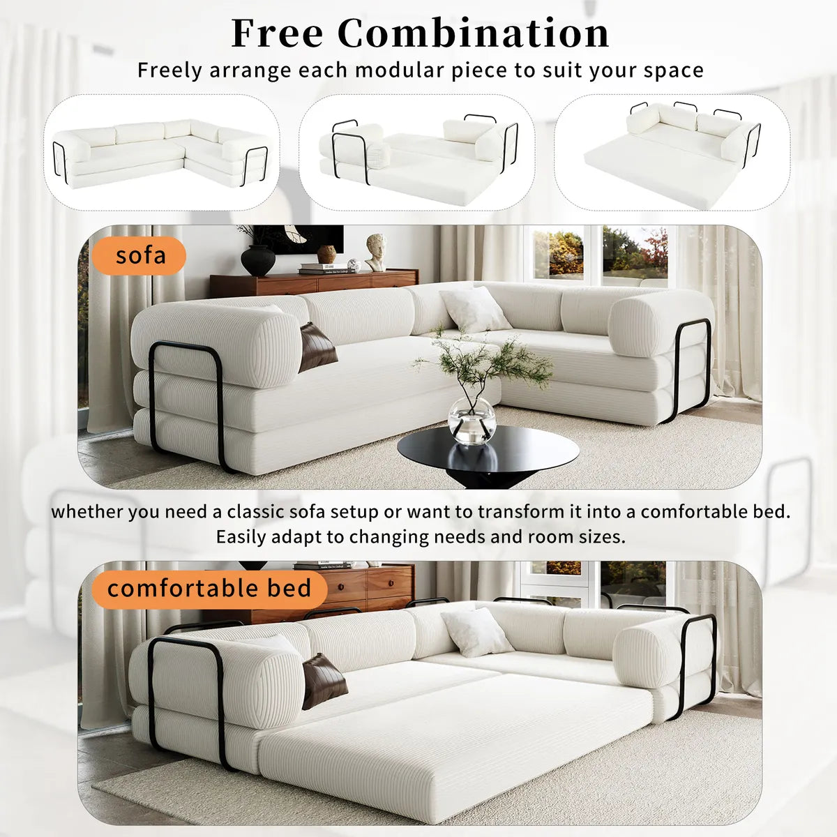 L shaped White sofa bed free combination