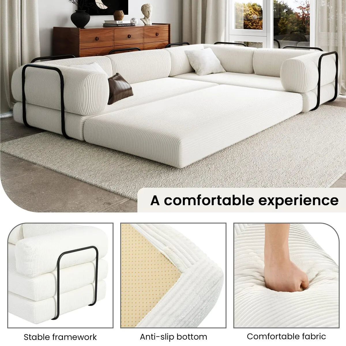 White L Shaped sofa bed features